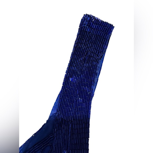 Vintage Y2K Cache Blue Beaded Sequin Silk Formal Evening Gown Dress - Picture 7 of 9